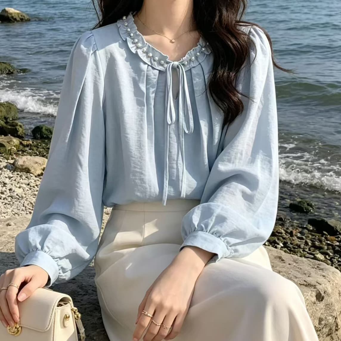 재고 있음 봄 가을 새로운 빅 사이즈 여성 의류 지방 mm 칼라 비즈 박기 프릴 레이스업 품격 슬림해 보이는 긴팔 셔츠 상세 이미지 3