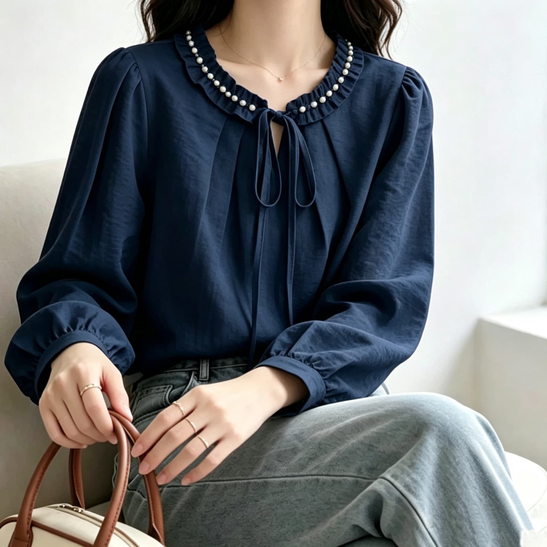 재고 있음 봄 가을 새로운 빅 사이즈 여성 의류 지방 mm 칼라 비즈 박기 프릴 레이스업 품격 슬림해 보이는 긴팔 셔츠 상세 이미지 4