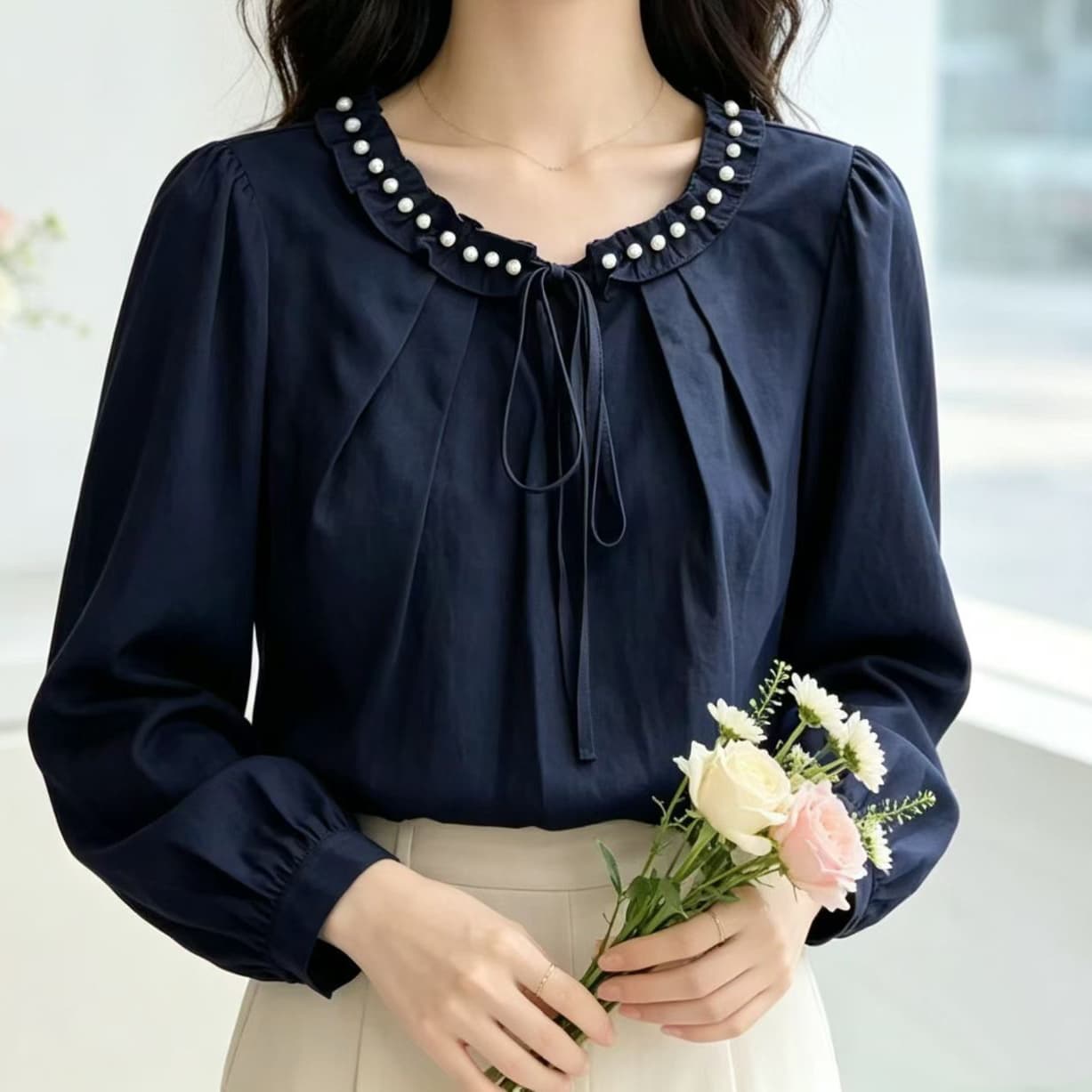 재고 있음 봄 가을 새로운 빅 사이즈 여성 의류 지방 mm 칼라 비즈 박기 프릴 레이스업 품격 슬림해 보이는 긴팔 셔츠 상세 이미지 5