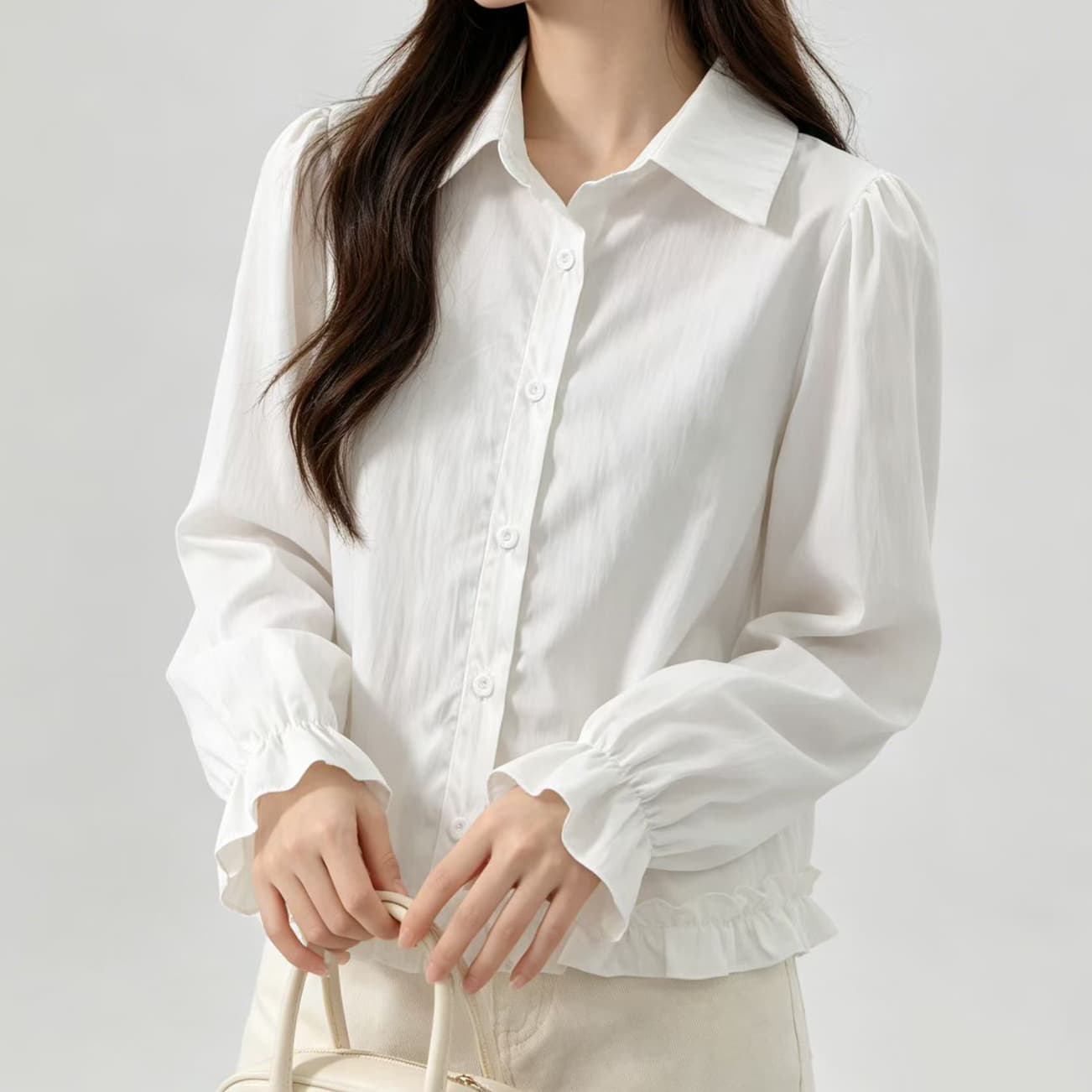재고 있음 봄 가을 도파민 연꽃 잎 패치워크 새로운 나팔 소매 셔츠 외국 가스 긴팔 루즈핏 연령 감소 인형 맨위 이미지 3