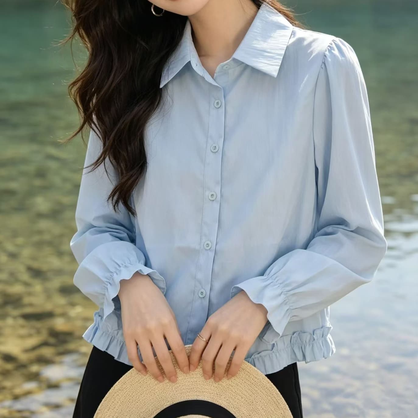 재고 있음 봄 가을 도파민 연꽃 잎 패치워크 새로운 나팔 소매 셔츠 외국 가스 긴팔 루즈핏 연령 감소 인형 맨위