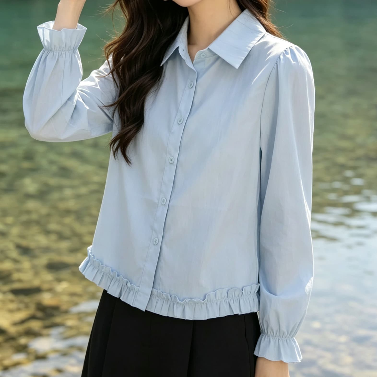 재고 있음 봄 가을 도파민 연꽃 잎 패치워크 새로운 나팔 소매 셔츠 외국 가스 긴팔 루즈핏 연령 감소 인형 맨위 상세 이미지 2