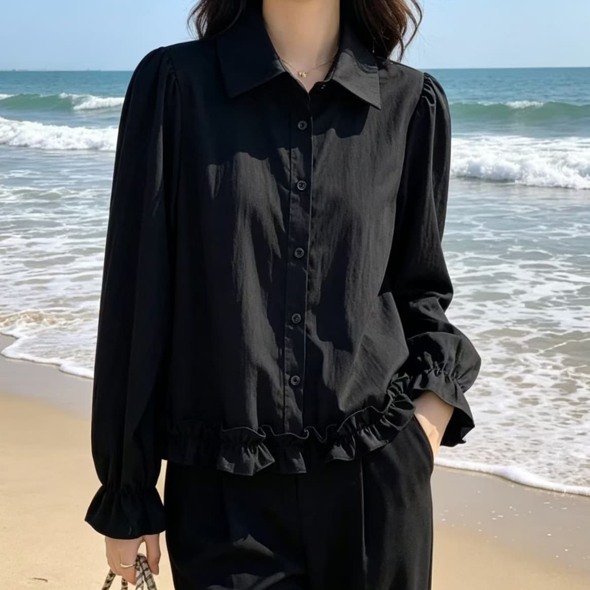 재고 있음 봄 가을 도파민 연꽃 잎 패치워크 새로운 나팔 소매 셔츠 외국 가스 긴팔 루즈핏 연령 감소 인형 맨위 상세 이미지 3
