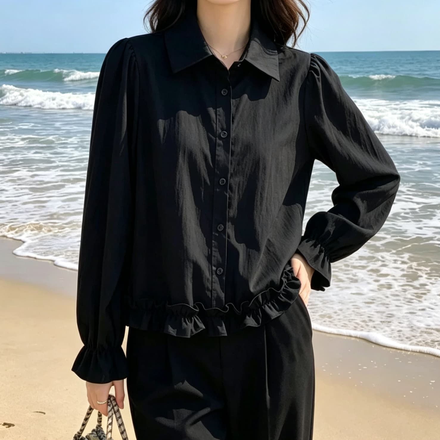 재고 있음 봄 가을 도파민 연꽃 잎 패치워크 새로운 나팔 소매 셔츠 외국 가스 긴팔 루즈핏 연령 감소 인형 맨위 상세 이미지 4
