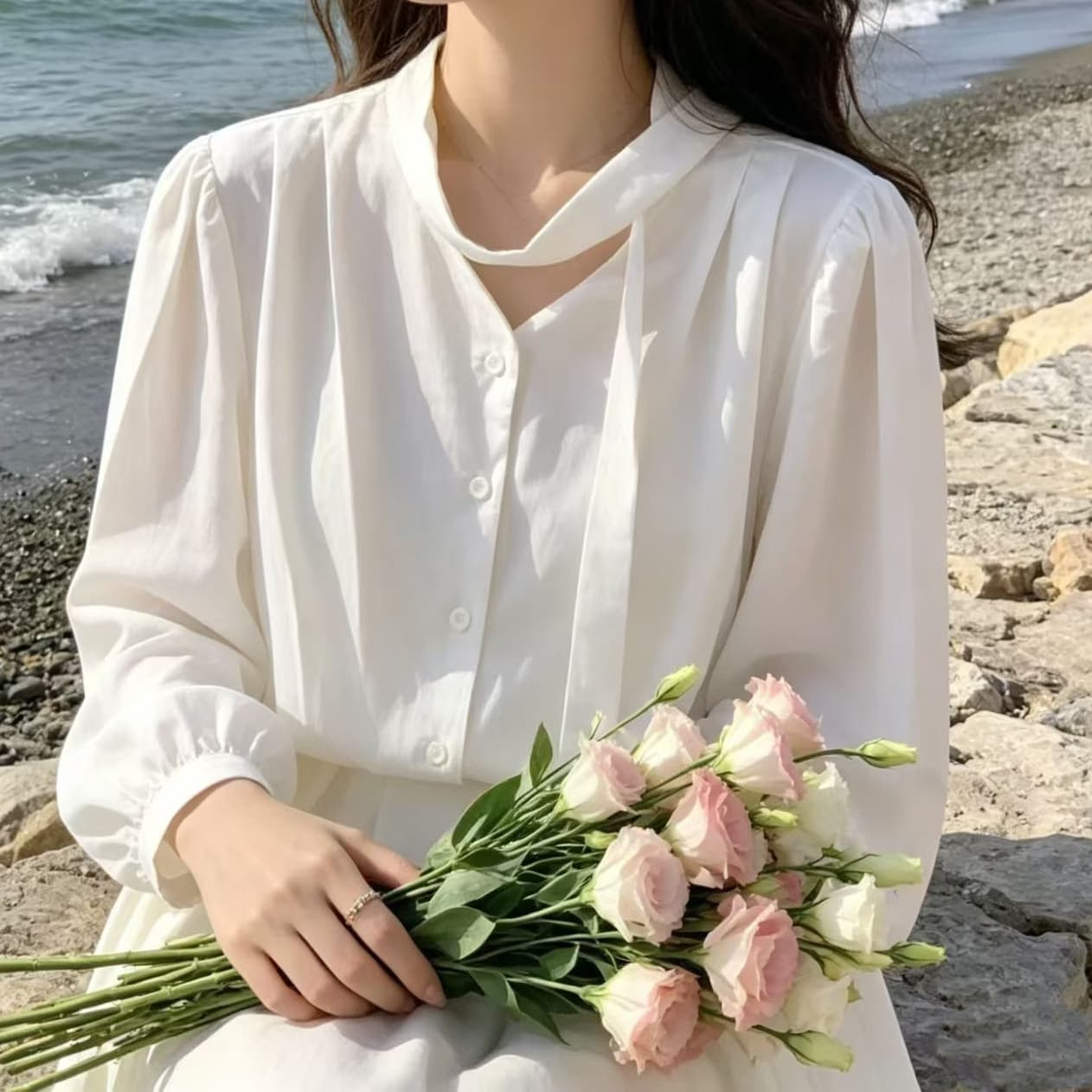 재고 있음 한국 봄 가을 프랑스식 레트로 루즈핏 다용도 품격 리본 V넥 싱글 줄 버튼 벌룬 소매 셔츠 맨위 상세 이미지 1