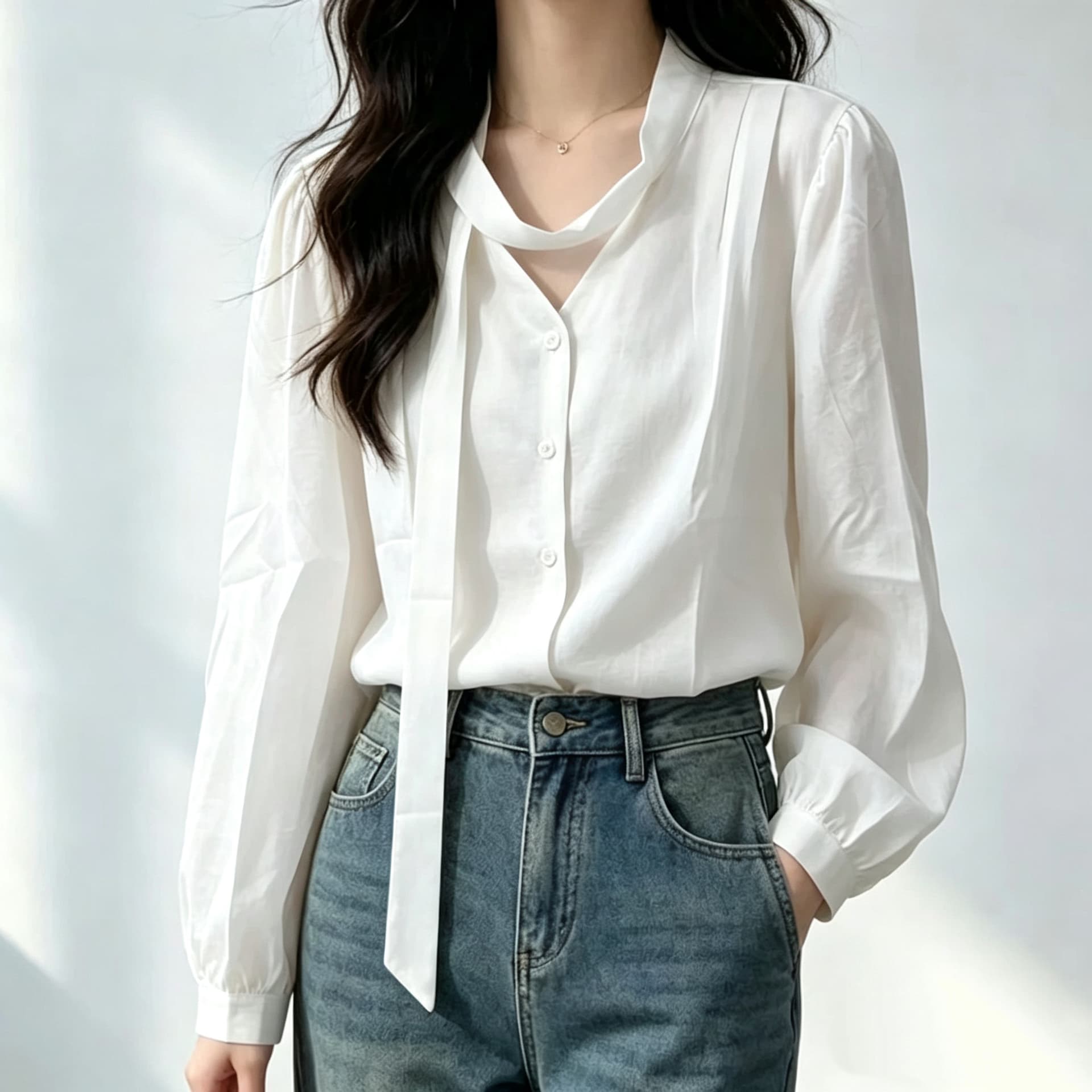 재고 있음 한국 봄 가을 프랑스식 레트로 루즈핏 다용도 품격 리본 V넥 싱글 줄 버튼 벌룬 소매 셔츠 맨위 상세 이미지 2