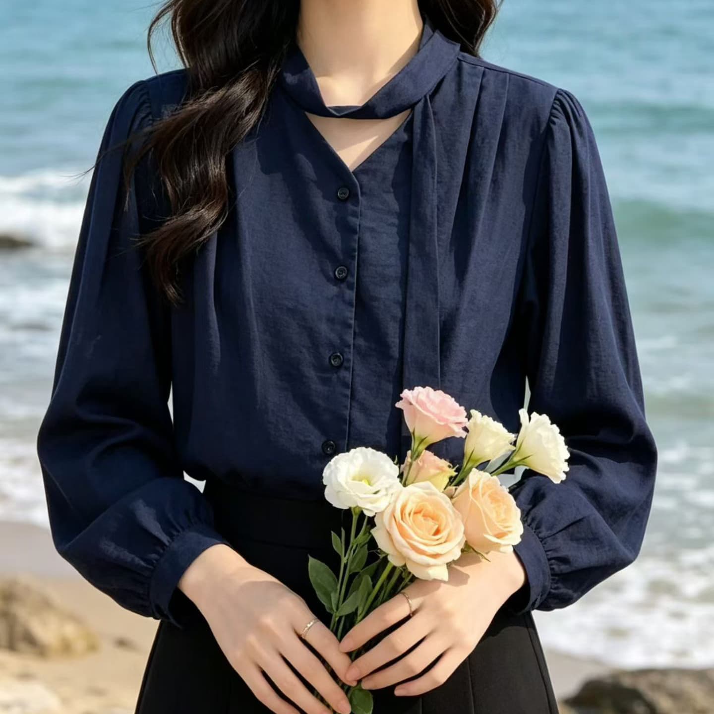 재고 있음 한국 봄 가을 프랑스식 레트로 루즈핏 다용도 품격 리본 V넥 싱글 줄 버튼 벌룬 소매 셔츠 맨위 상세 이미지 3
