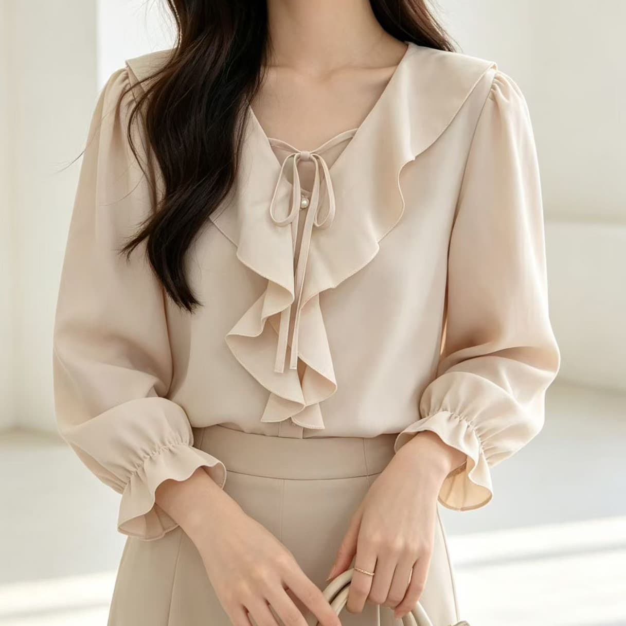 재고 있음 블루 색상 프릴 긍정적 인 어깨 긴팔 셔츠 봄 가을 새로운 빅 사이즈 지방 mm 나팔 소매 인형 셔츠 맨위 이미지 2