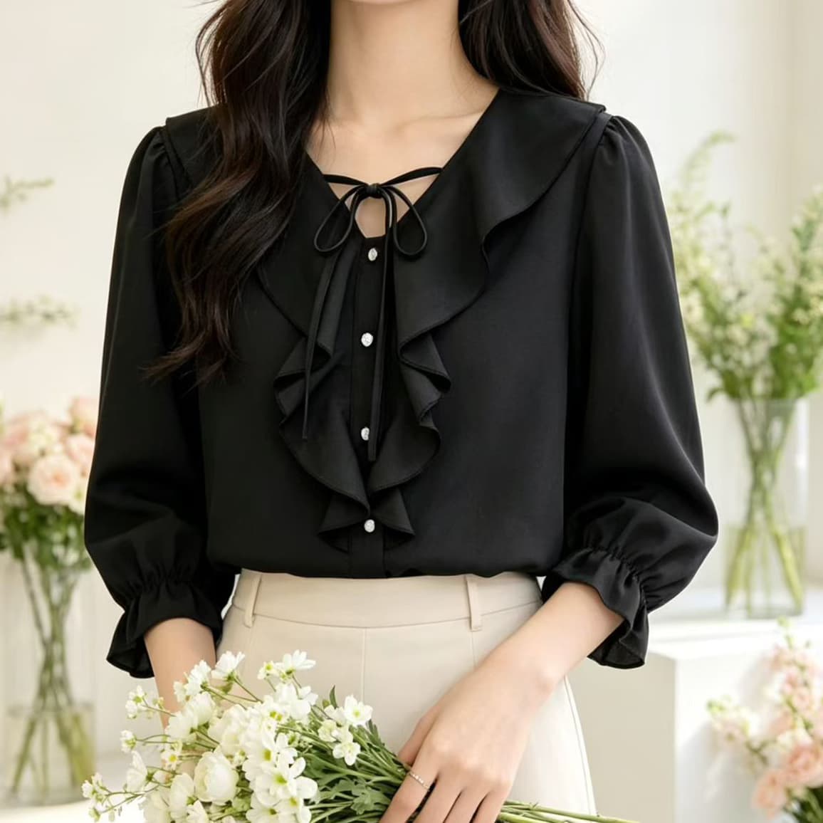 재고 있음 블루 색상 프릴 긍정적 인 어깨 긴팔 셔츠 봄 가을 새로운 빅 사이즈 지방 mm 나팔 소매 인형 셔츠 맨위 상세 이미지 2