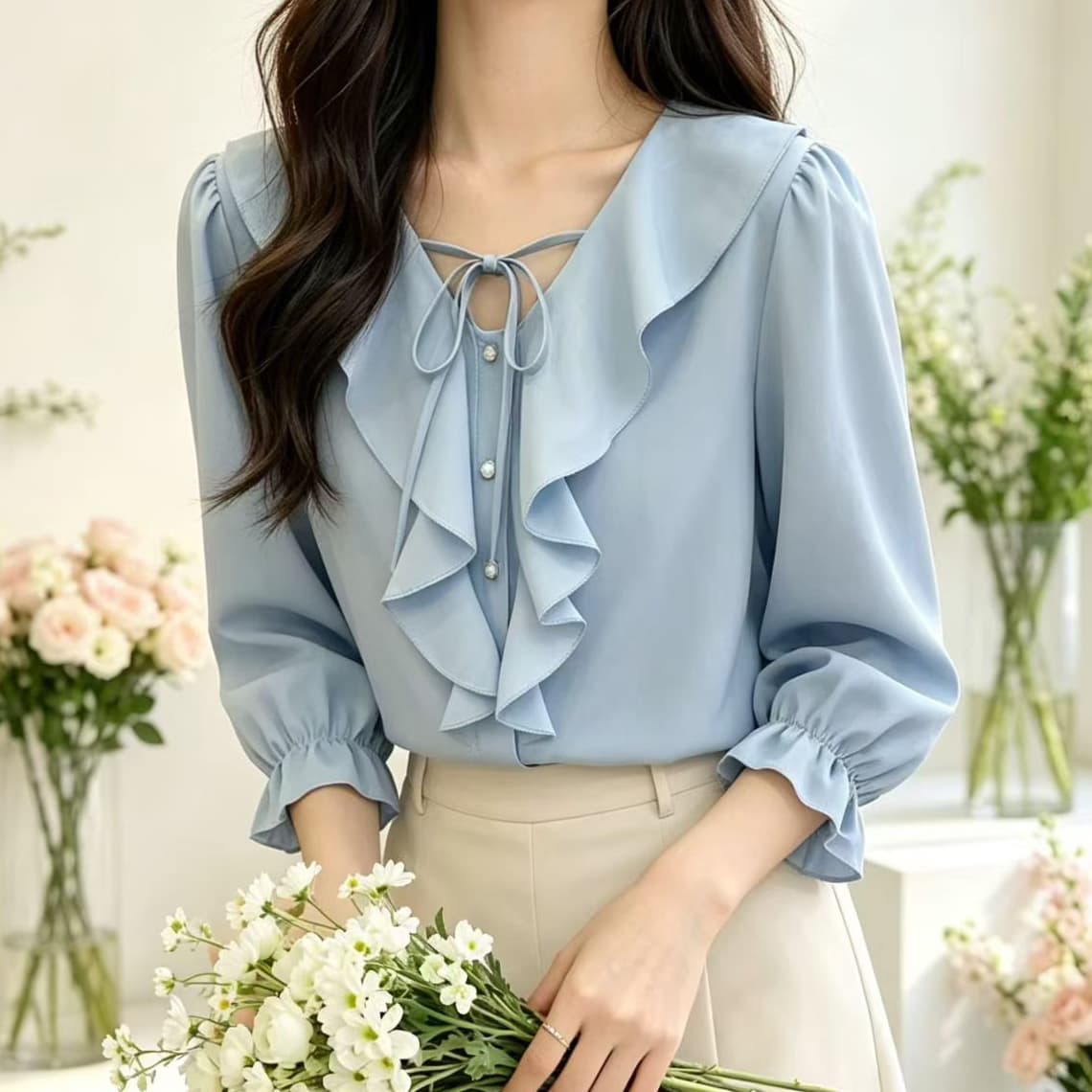 재고 있음 블루 색상 프릴 긍정적 인 어깨 긴팔 셔츠 봄 가을 새로운 빅 사이즈 지방 mm 나팔 소매 인형 셔츠 맨위 상세 이미지 6
