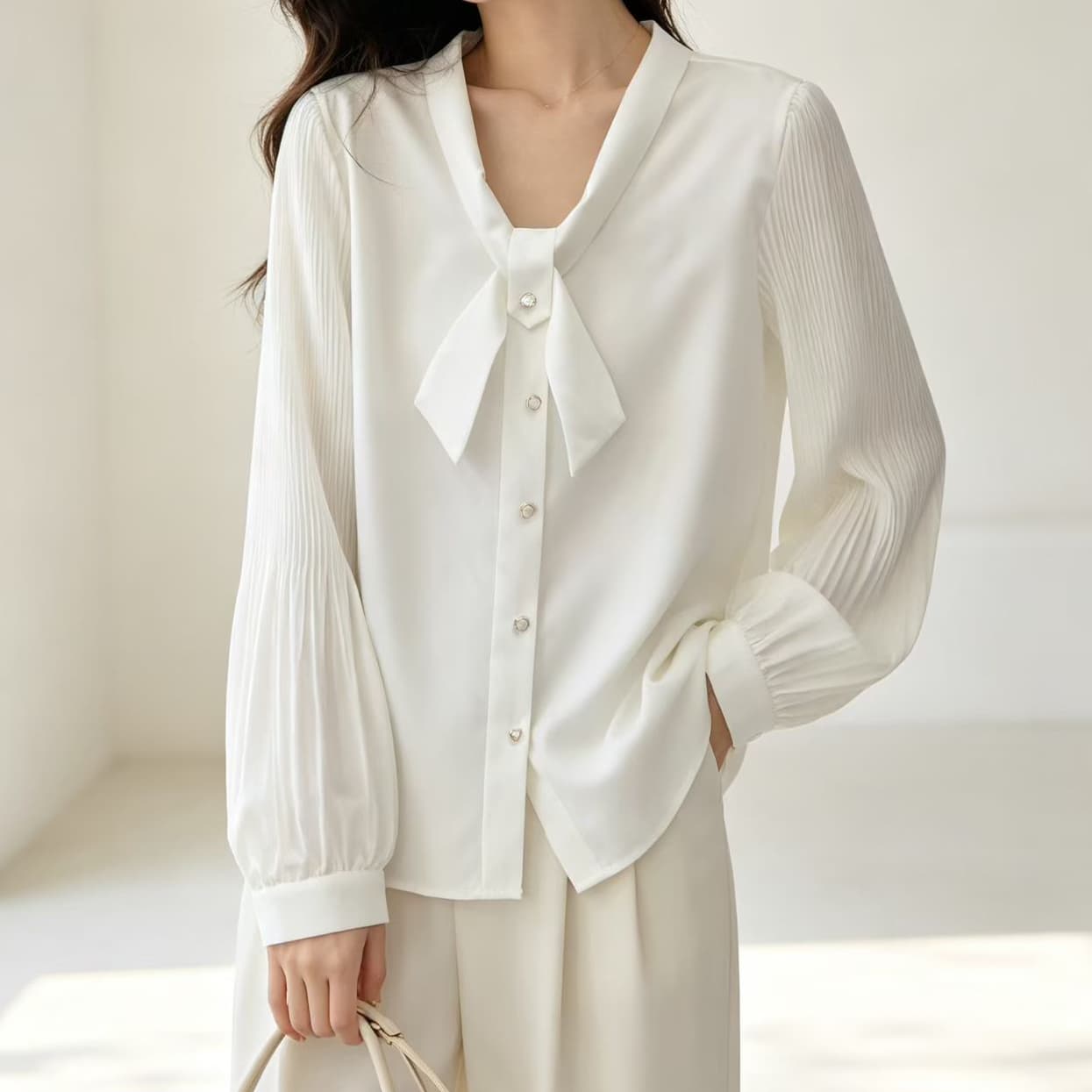 재고 있음 품격 다용도 장기 플리츠 소매 긴팔 여성 셔츠 도루 센스 쉽지 않음 주름 프랑스식 출퇴근 리본 맨위 상세 이미지 2