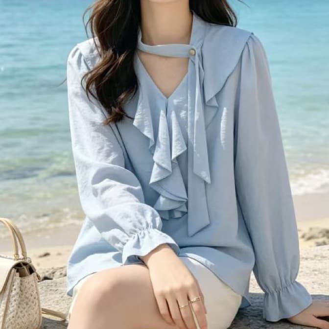 재고 있음 프랑스식 사소한 Chic 매우 요정 ~ 중 맨위 프릴 행침 목 긴팔 셔츠 여자 봄 가을 새로운 셔츠