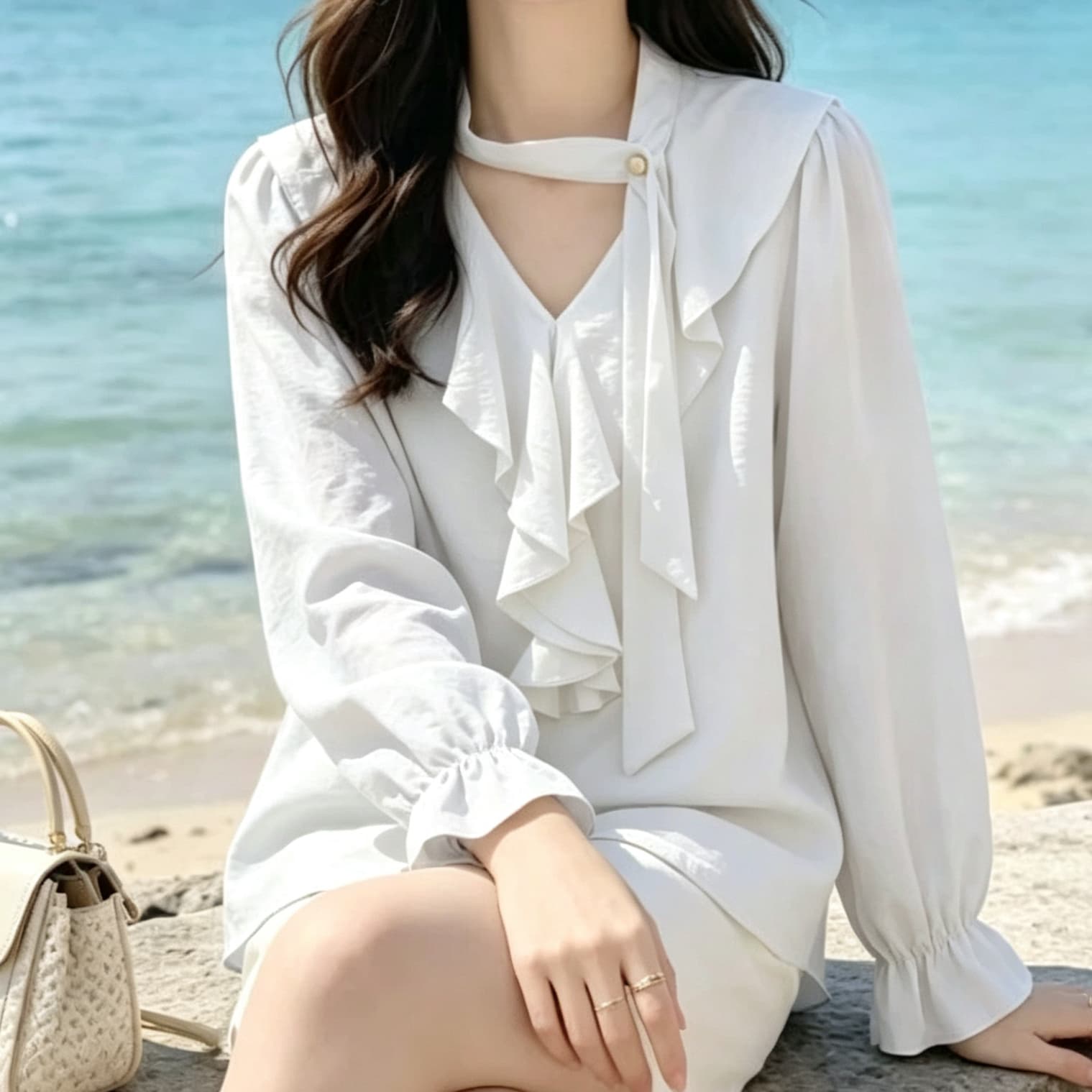 재고 있음 프랑스식 사소한 Chic 매우 요정 ~ 중 맨위 프릴 행침 목 긴팔 셔츠 여자 봄 가을 새로운 셔츠 상세 이미지 3