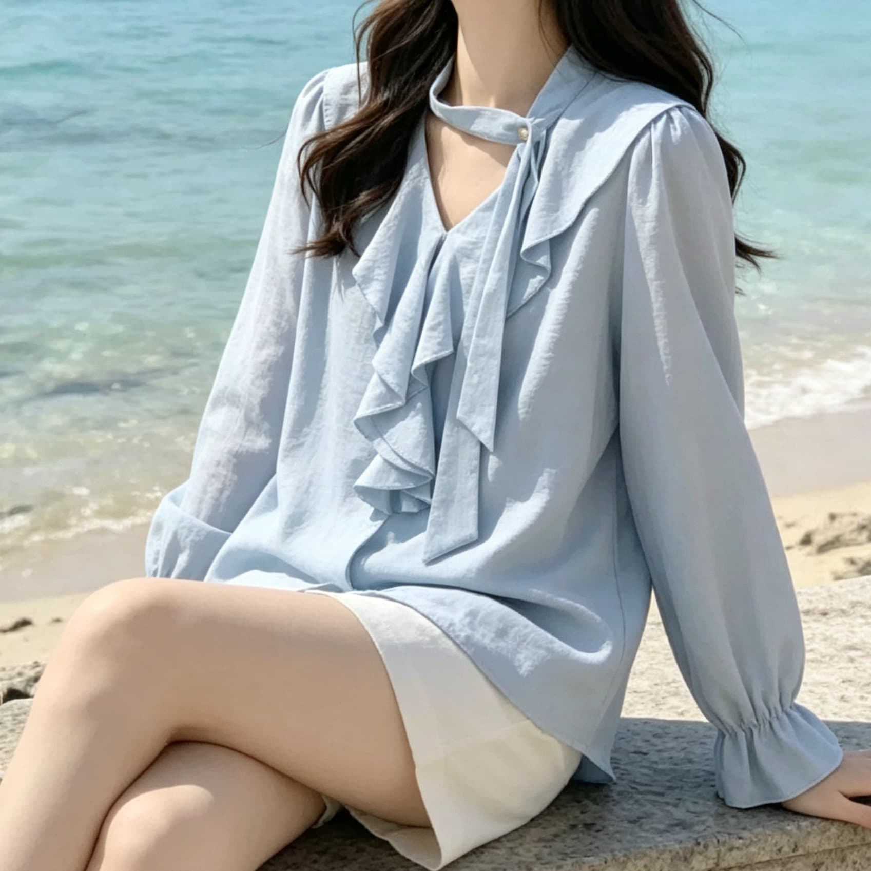 재고 있음 프랑스식 사소한 Chic 매우 요정 ~ 중 맨위 프릴 행침 목 긴팔 셔츠 여자 봄 가을 새로운 셔츠 이미지 5