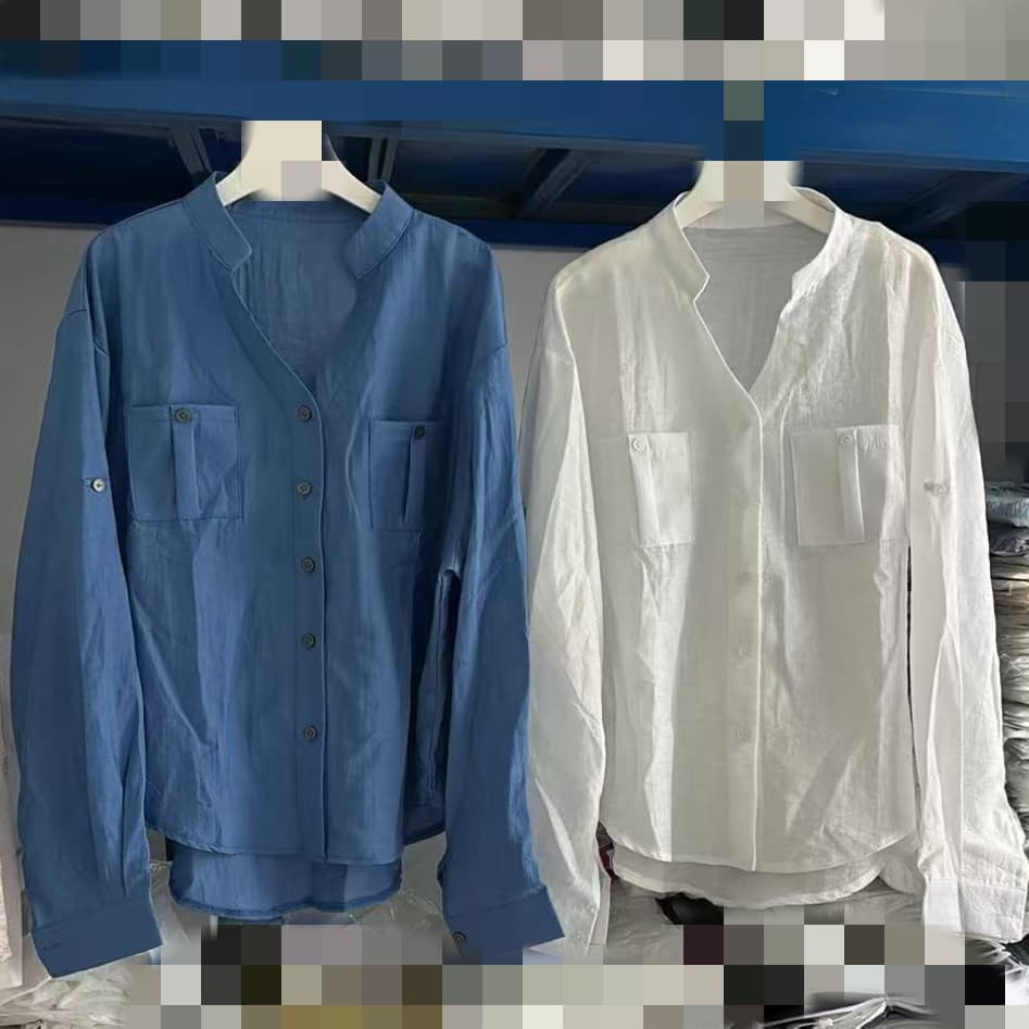 재고 있음 봄 가을 새로운 오래된 돈 바람 아마 V넥 긴팔 파란색 여성 셔츠 루즈핏 캐주얼 품격 맨위 이미지 5