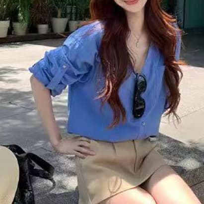 재고 있음 봄 가을 새로운 오래된 돈 바람 아마 V넥 긴팔 파란색 여성 셔츠 루즈핏 캐주얼 품격 맨위 이미지 2