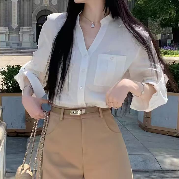 재고 있음 봄 가을 새로운 오래된 돈 바람 아마 V넥 긴팔 파란색 여성 셔츠 루즈핏 캐주얼 품격 맨위 상세 이미지 2