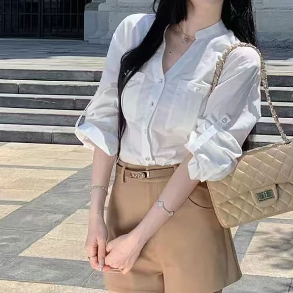 재고 있음 봄 가을 새로운 오래된 돈 바람 아마 V넥 긴팔 파란색 여성 셔츠 루즈핏 캐주얼 품격 맨위 상세 이미지 3