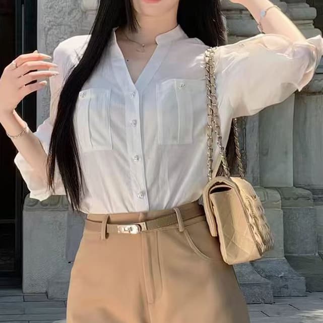 재고 있음 봄 가을 새로운 오래된 돈 바람 아마 V넥 긴팔 파란색 여성 셔츠 루즈핏 캐주얼 품격 맨위 상세 이미지 4