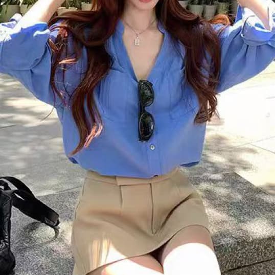 재고 있음 봄 가을 새로운 오래된 돈 바람 아마 V넥 긴팔 파란색 여성 셔츠 루즈핏 캐주얼 품격 맨위 상세 이미지 5