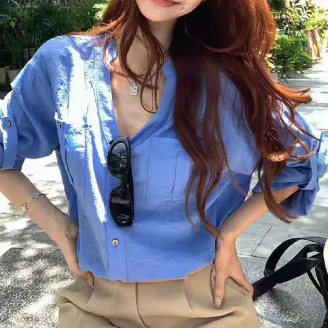 재고 있음 봄 가을 새로운 오래된 돈 바람 아마 V넥 긴팔 파란색 여성 셔츠 루즈핏 캐주얼 품격 맨위 상세 이미지 8