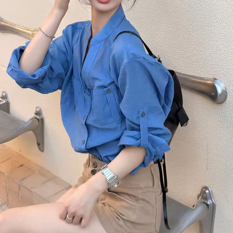 재고 있음 봄 가을 새로운 오래된 돈 바람 아마 V넥 긴팔 파란색 여성 셔츠 루즈핏 캐주얼 품격 맨위 상세 이미지 9