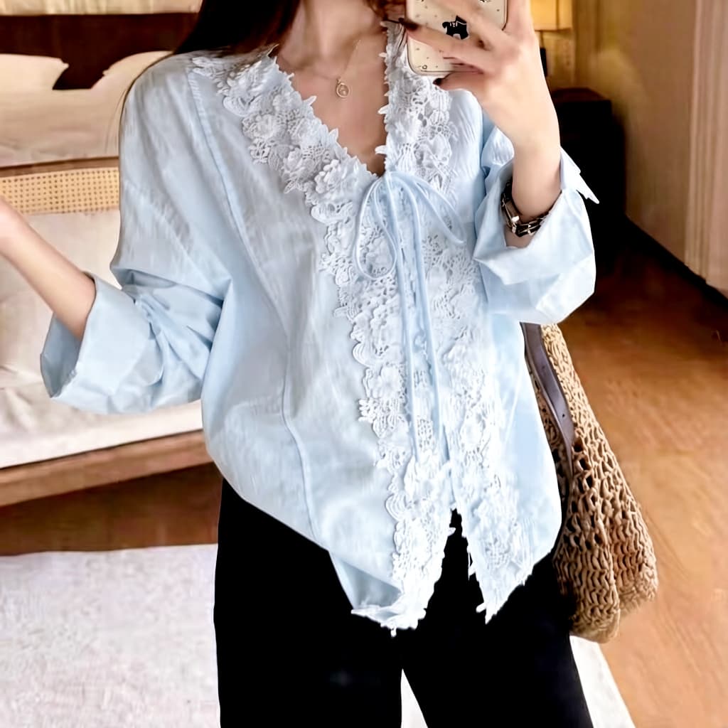 재고 있음 품격 단색 무거운 작업 레이스 V넥 긴팔 셔츠 여성 의류 가을 다용도 루즈핏 Chic 맨위 상세 이미지 2