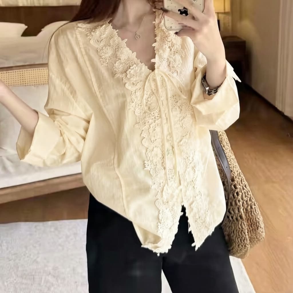 재고 있음 품격 단색 무거운 작업 레이스 V넥 긴팔 셔츠 여성 의류 가을 다용도 루즈핏 Chic 맨위 상세 이미지 3