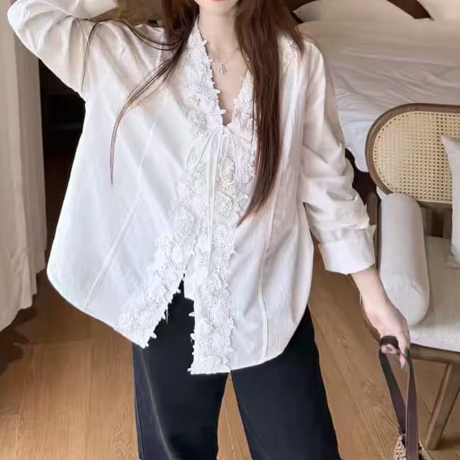 재고 있음 품격 단색 무거운 작업 레이스 V넥 긴팔 셔츠 여성 의류 가을 다용도 루즈핏 Chic 맨위 상세 이미지 4