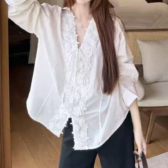재고 있음 품격 단색 무거운 작업 레이스 V넥 긴팔 셔츠 여성 의류 가을 다용도 루즈핏 Chic 맨위 상세 이미지 5