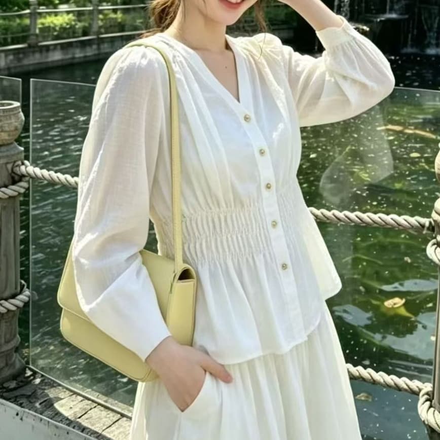 재고 있음 빅 사이즈 고급 센스 여성 셔츠 가을 V넥 표지 배 맨위 지방 mm 슬림해 보이는 주간 실크 코튼 긴팔 인사이드 가져 가라. 작은 셔츠 이미지 2