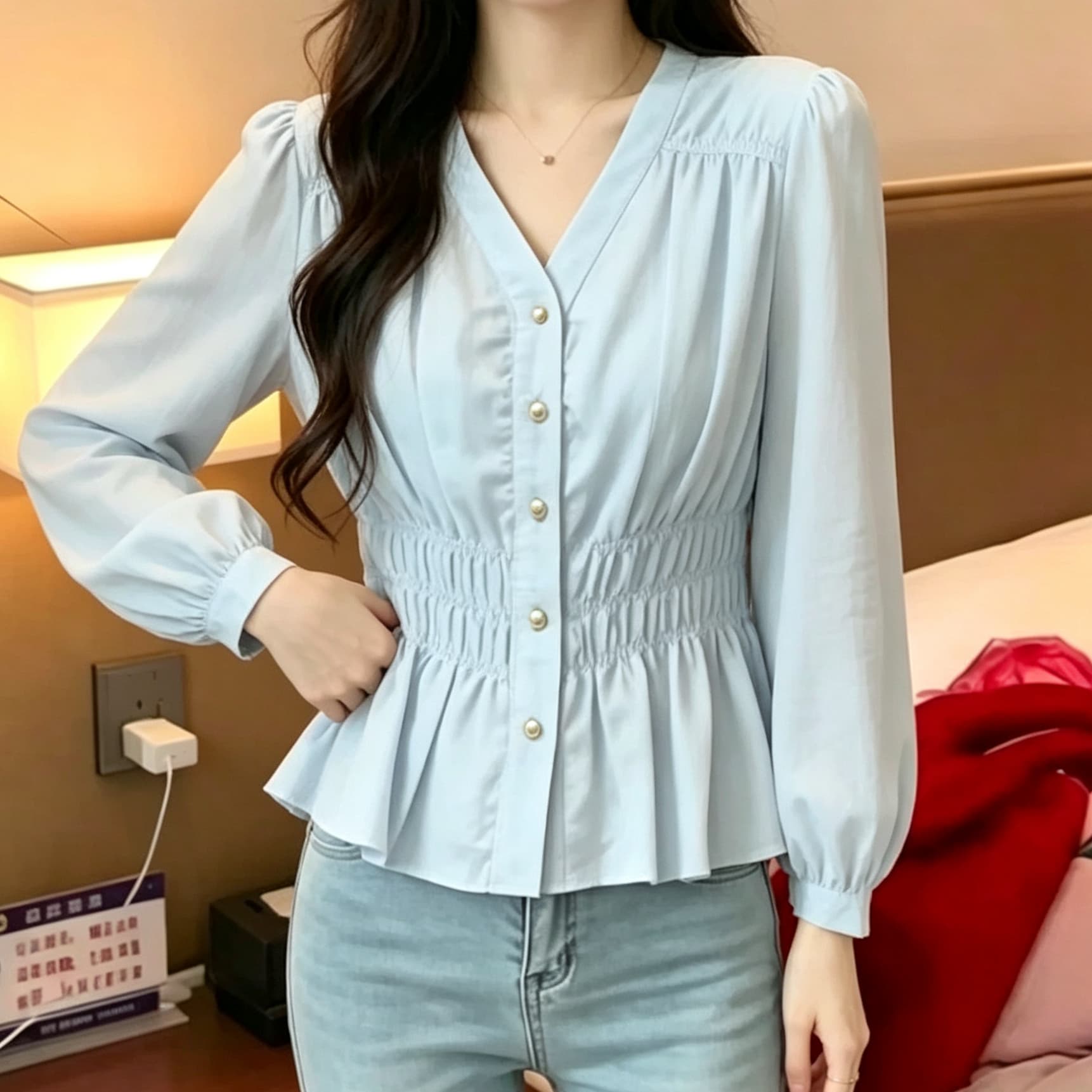 재고 있음 빅 사이즈 고급 센스 여성 셔츠 가을 V넥 표지 배 맨위 지방 mm 슬림해 보이는 주간 실크 코튼 긴팔 인사이드 가져 가라. 작은 셔츠 상세 이미지 2