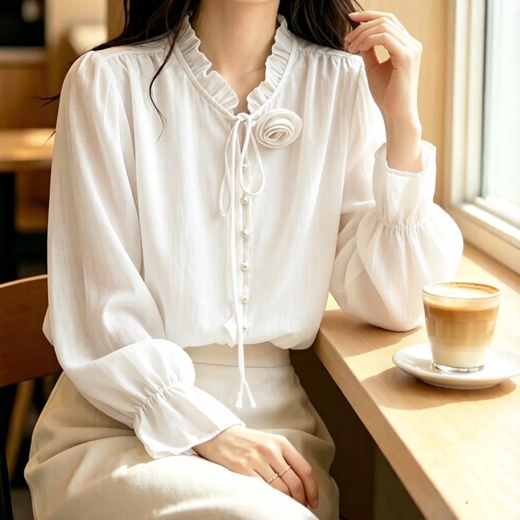 재고 있음 긴팔 여성 셔츠 봄 가을 새로운 한국 스타일 루즈핏 레이스업 단색 맨위 출퇴근 센스 다용도 고급 셔츠 이미지 2