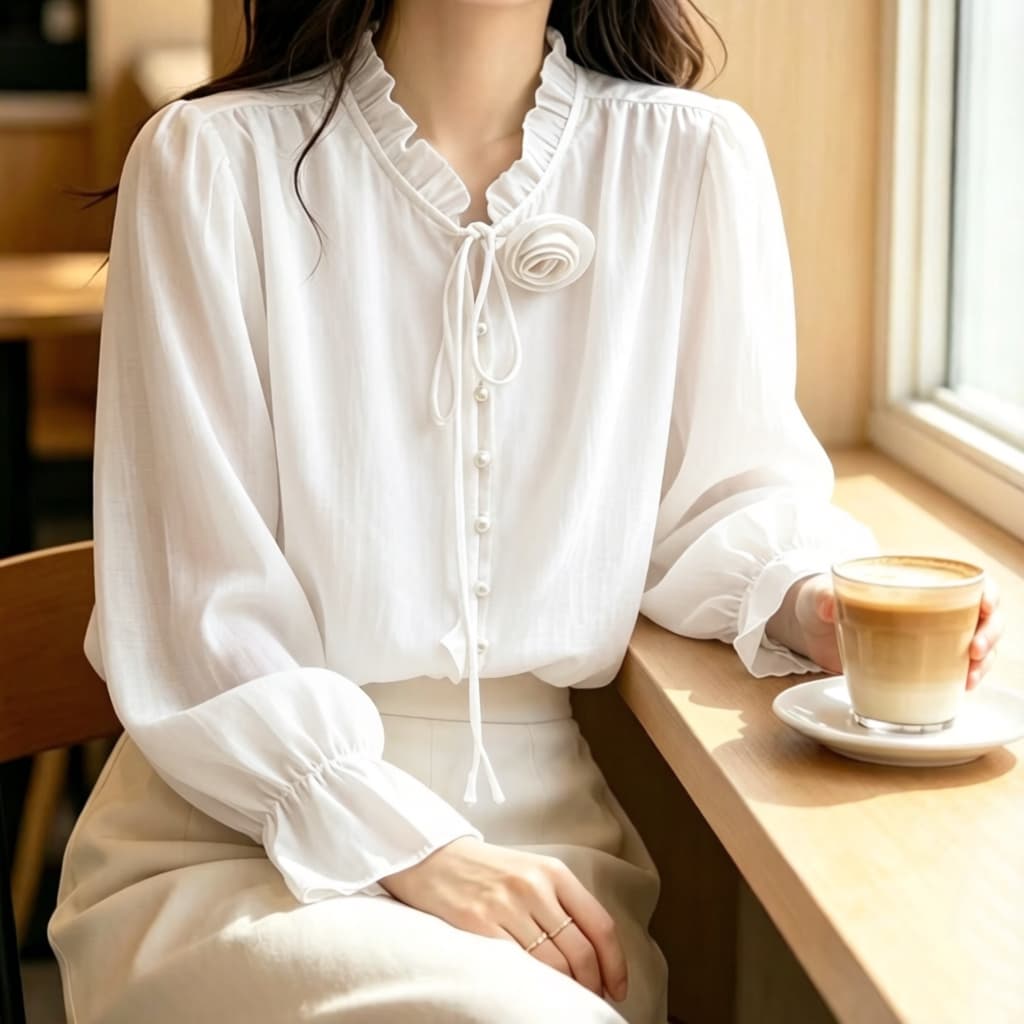 재고 있음 긴팔 여성 셔츠 봄 가을 새로운 한국 스타일 루즈핏 레이스업 단색 맨위 출퇴근 센스 다용도 고급 셔츠 상세 이미지 4