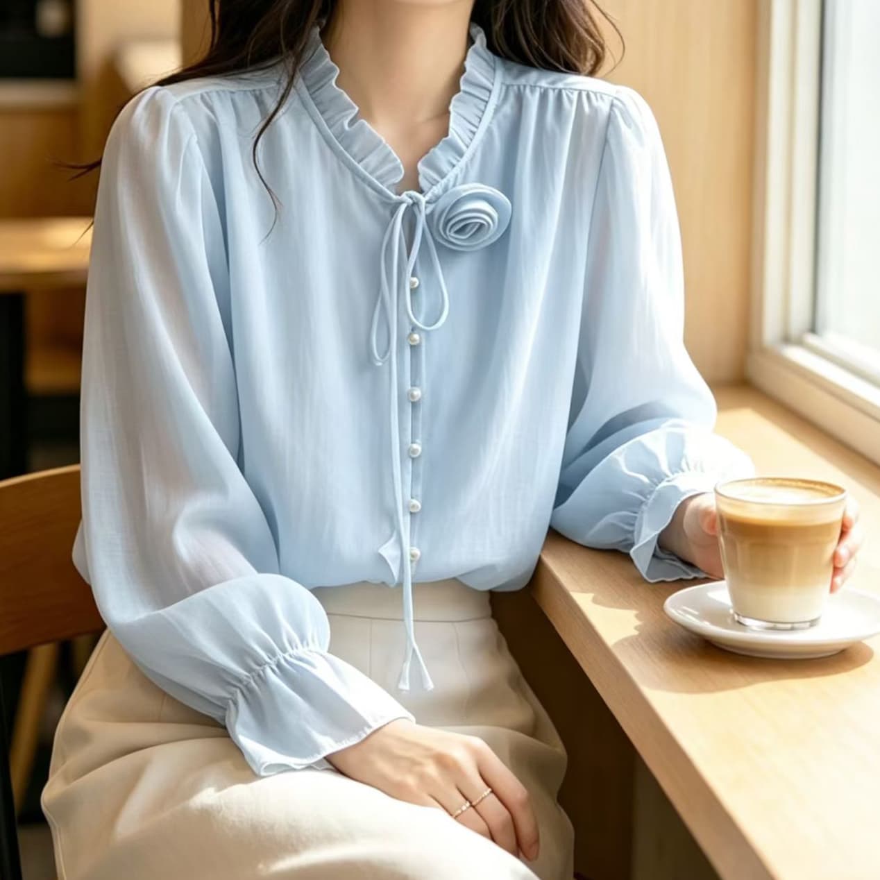 재고 있음 긴팔 여성 셔츠 봄 가을 새로운 한국 스타일 루즈핏 레이스업 단색 맨위 출퇴근 센스 다용도 고급 셔츠 상세 이미지 6