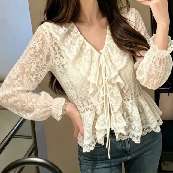 재고 있음 빅 사이즈 프랑스식 레이스 V넥 레이스업 긴팔 셔츠 봄 가을 새로운 연꽃 잎 레이스 자수 디자인 센스 맨위 상세 이미지 6