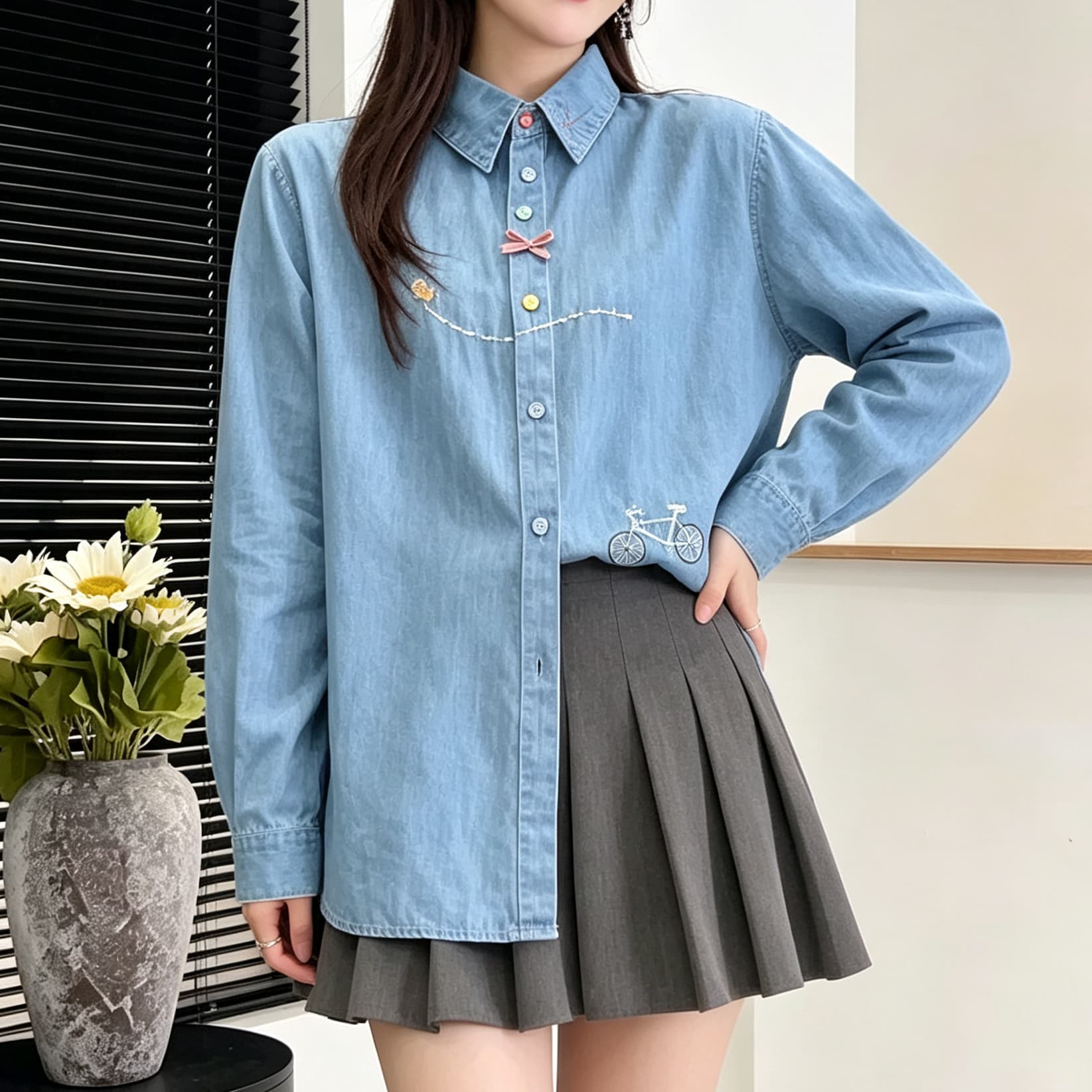 재고 있음 봄 가을 새로운 자전거 자수 데님 셔츠 폴로 칼라 긴팔 색상 버클 루즈핏 캐주얼 여성 셔츠