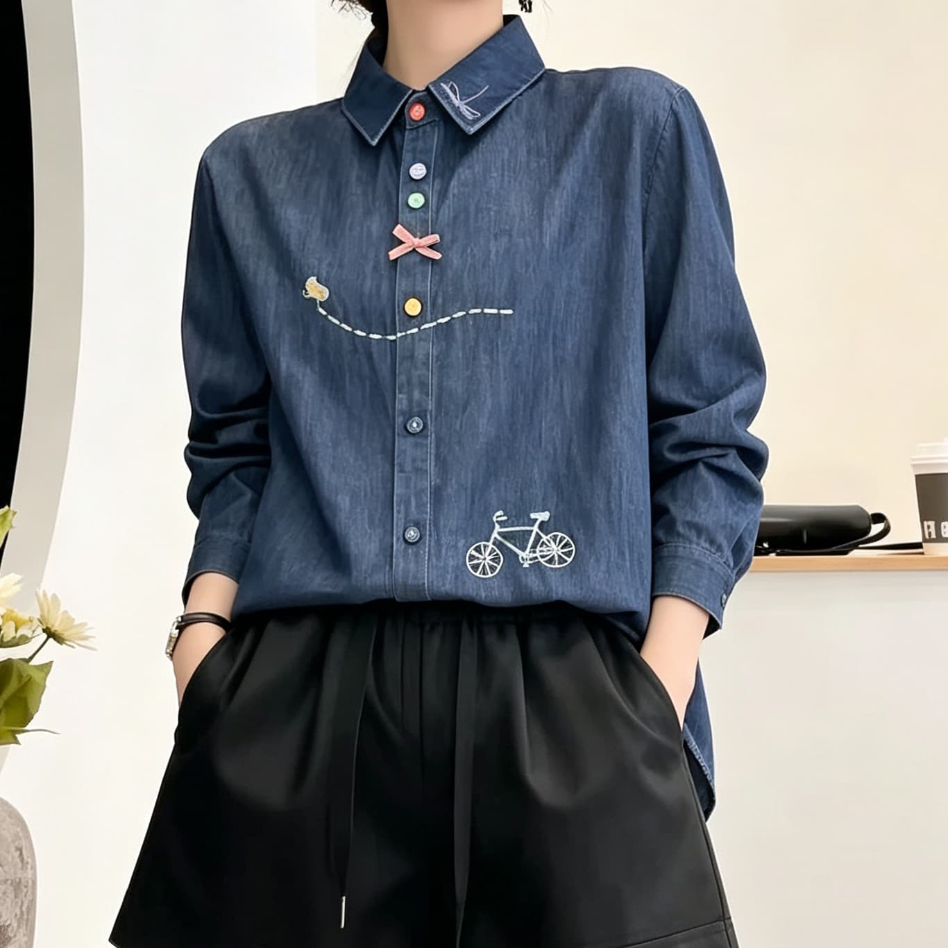 재고 있음 봄 가을 새로운 자전거 자수 데님 셔츠 폴로 칼라 긴팔 색상 버클 루즈핏 캐주얼 여성 셔츠 상세 이미지 3