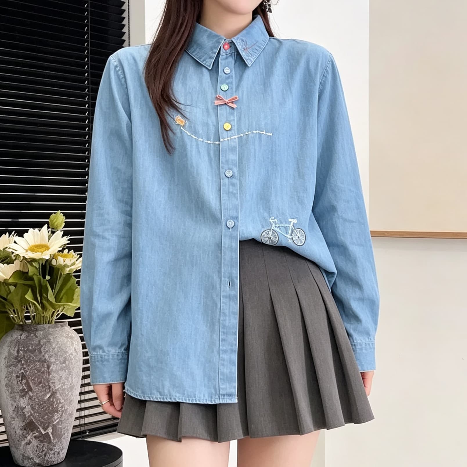 재고 있음 봄 가을 새로운 자전거 자수 데님 셔츠 폴로 칼라 긴팔 색상 버클 루즈핏 캐주얼 여성 셔츠 상세 이미지 6