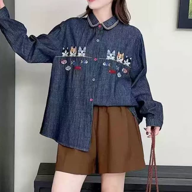 재고 있음 봄 가을 새로운 레트로 문예 전원 바람 모리 소녀 루즈핏 고양이 자수 데님 셔츠 여성 긴 소매 이미지 4