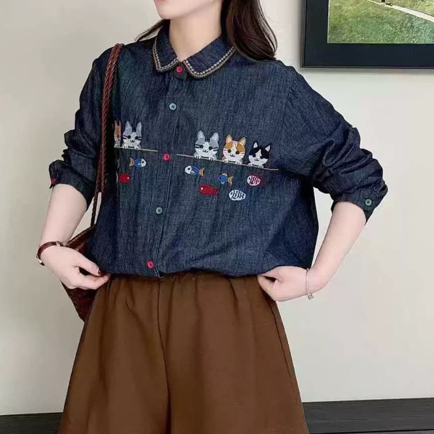 재고 있음 봄 가을 새로운 레트로 문예 전원 바람 모리 소녀 루즈핏 고양이 자수 데님 셔츠 여성 긴 소매 상세 이미지 1