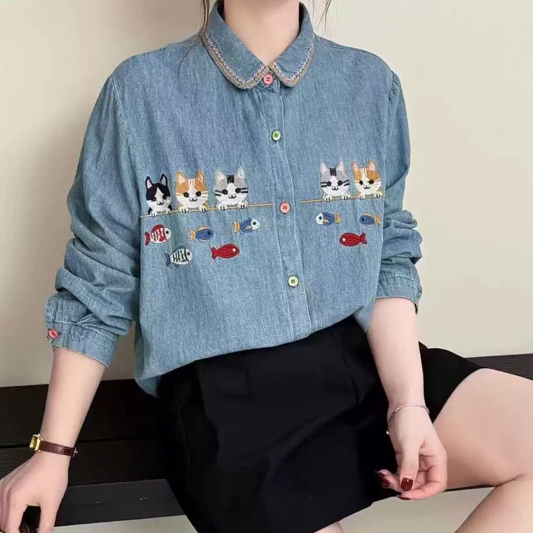 재고 있음 봄 가을 새로운 레트로 문예 전원 바람 모리 소녀 루즈핏 고양이 자수 데님 셔츠 여성 긴 소매 상세 이미지 4