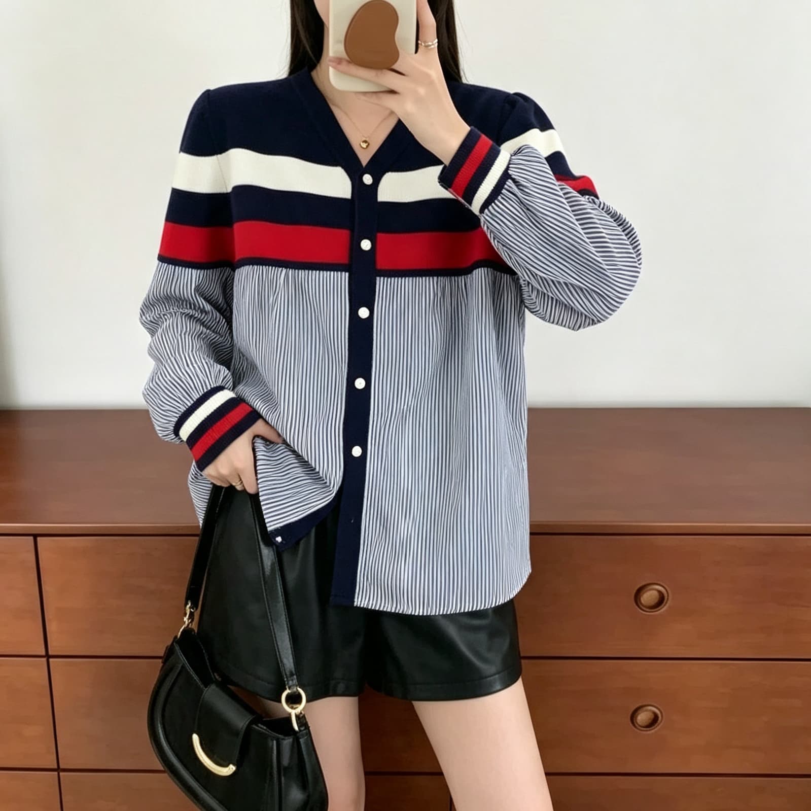 재고 있음 한국 스타일 루즈핏 대형 스트라이프 패치워크 긴팔 셔츠 컬러 바 배색 V넥 오픈 가디건 상세 이미지 4