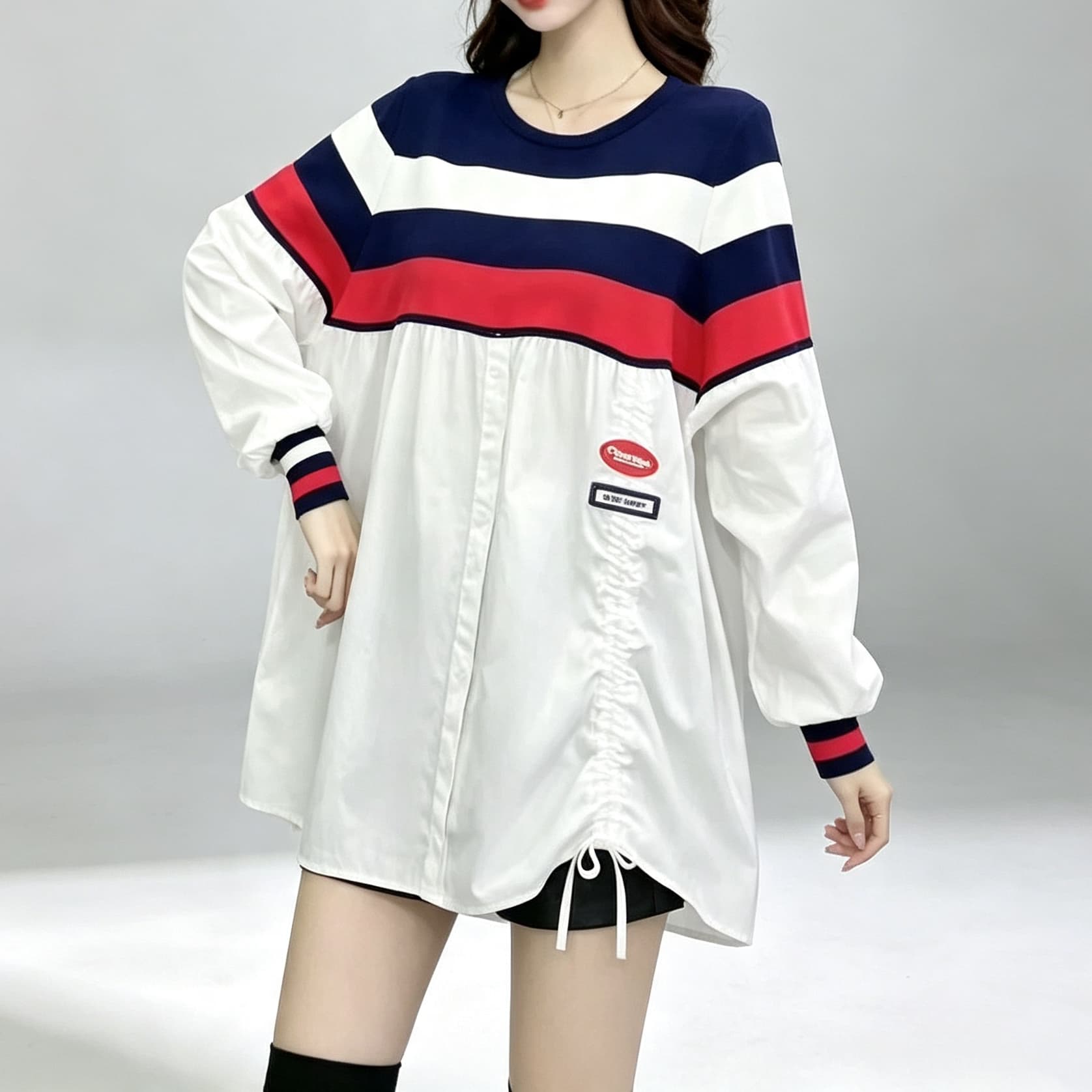 재고 있음 디자인 센스 패션 캐주얼 루즈핏 스트라이프 배색 패치워크 맨위 측면 펌프 로프 대형 긴팔 셔츠 이미지 4
