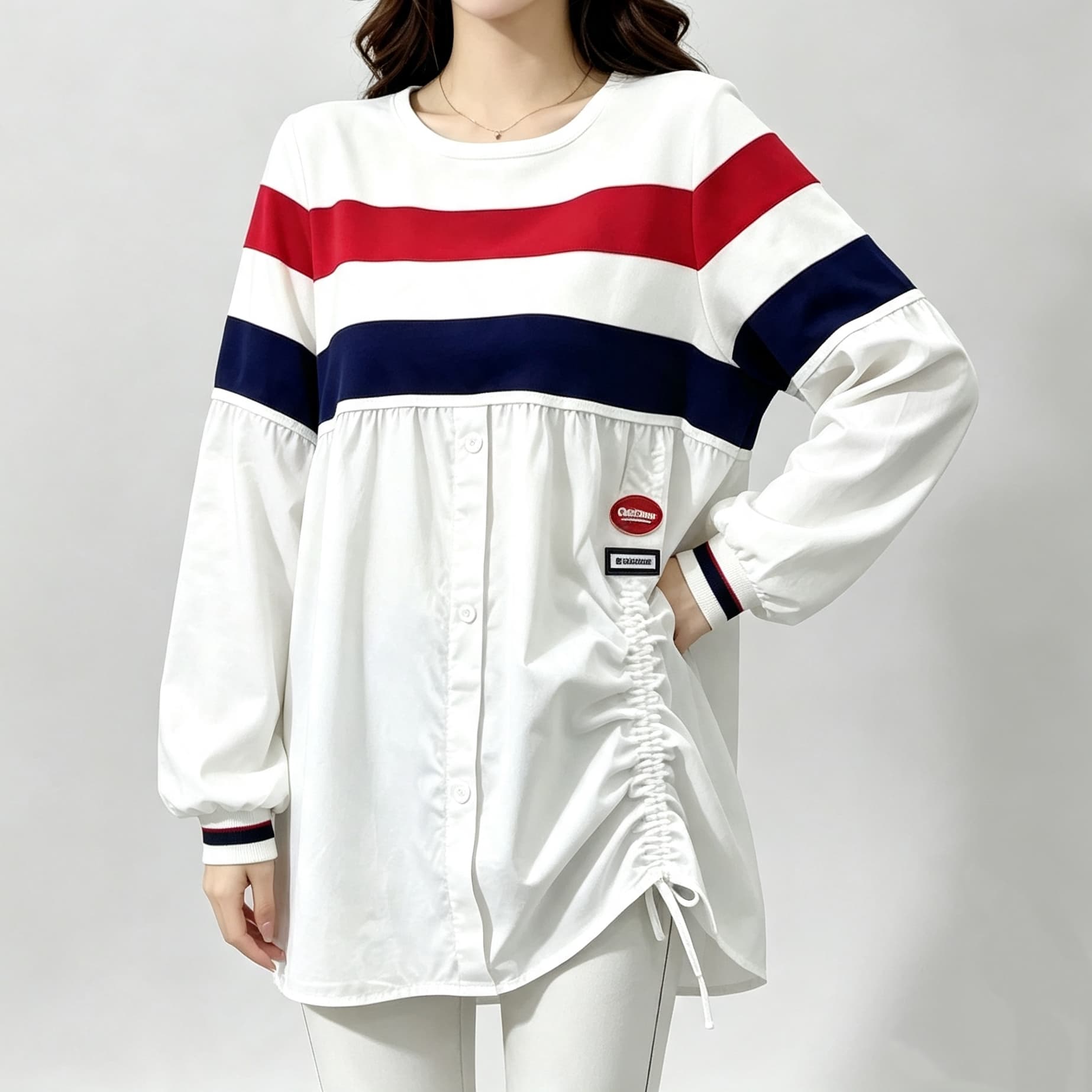 재고 있음 디자인 센스 패션 캐주얼 루즈핏 스트라이프 배색 패치워크 맨위 측면 펌프 로프 대형 긴팔 셔츠 상세 이미지 1