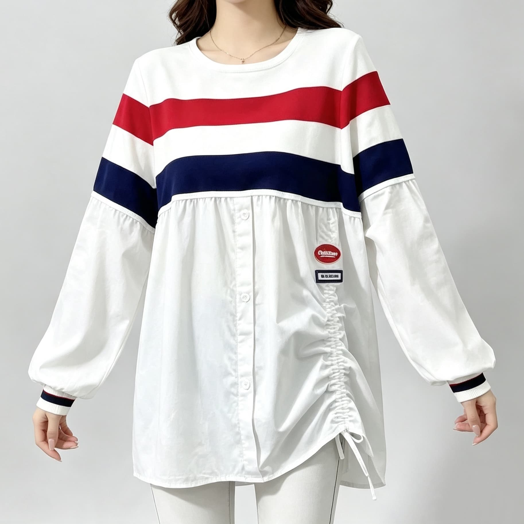 재고 있음 디자인 센스 패션 캐주얼 루즈핏 스트라이프 배색 패치워크 맨위 측면 펌프 로프 대형 긴팔 셔츠 상세 이미지 2