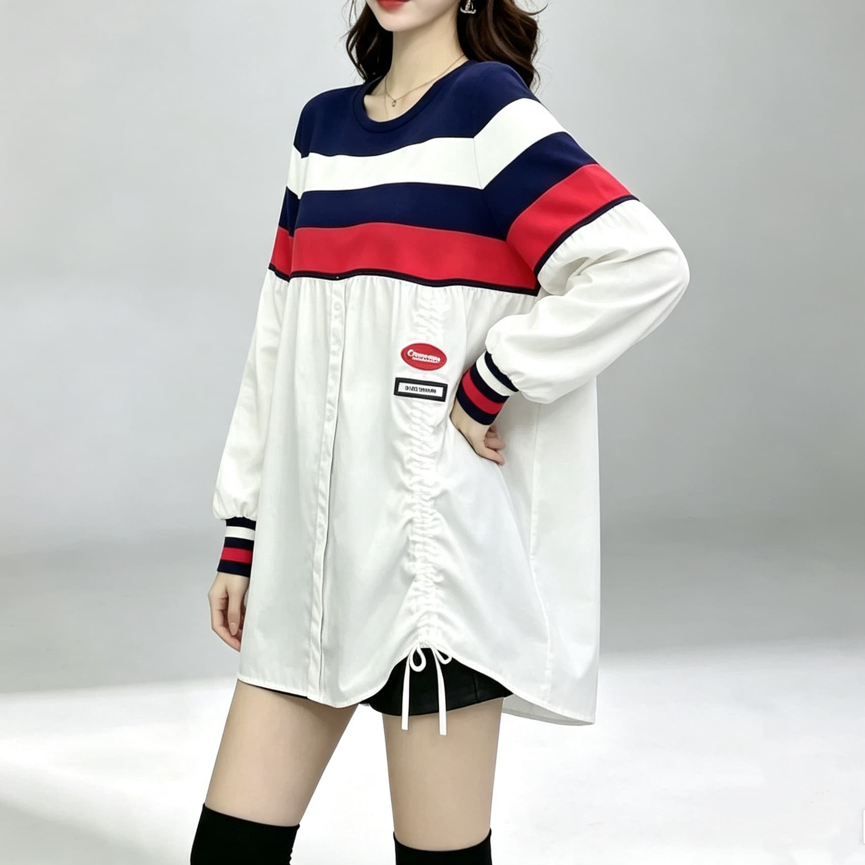 재고 있음 디자인 센스 패션 캐주얼 루즈핏 스트라이프 배색 패치워크 맨위 측면 펌프 로프 대형 긴팔 셔츠 상세 이미지 4