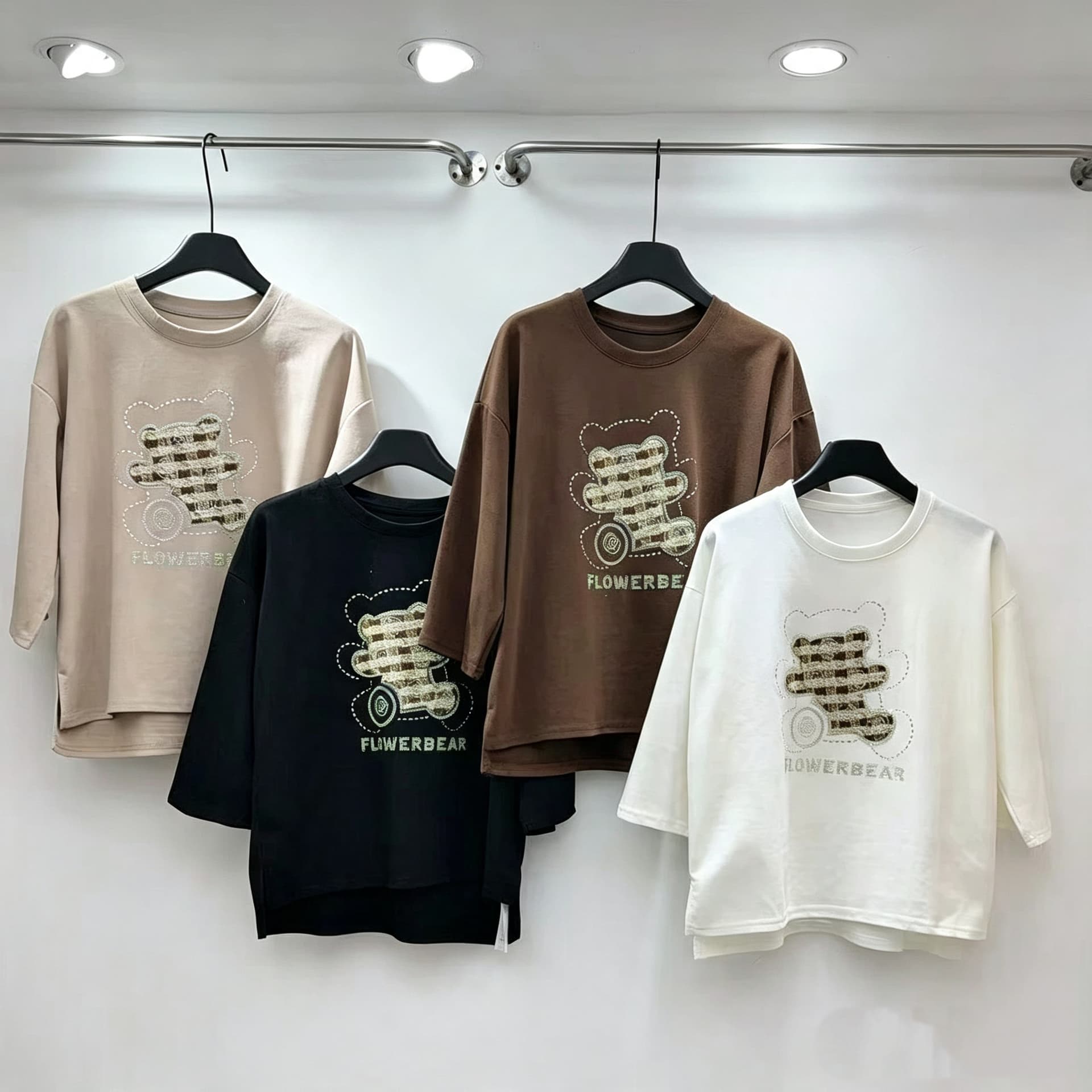 재고 있음 남자 바 면 7부 소매 티셔츠 무거운 작업 비즈 박기 핫픽스 수건 소매 맨위 여성 루즈핏 중간 소매 라운드 넥 유럽 상품 상세 이미지 4
