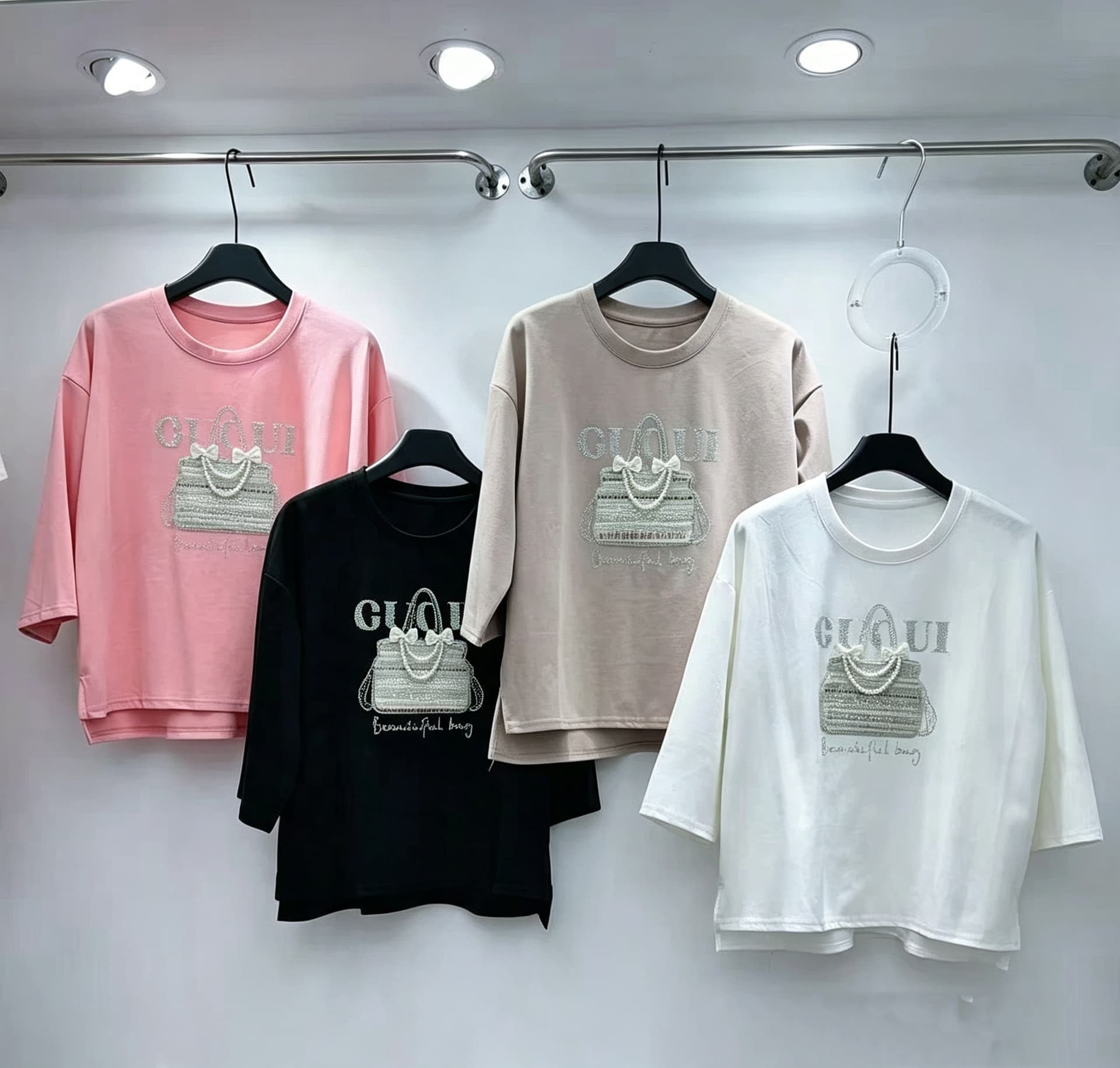 재고 있음 남자 바 면 7부 소매 티셔츠 무거운 작업 비즈 박기 핫픽스 수건 소매 맨위 여성 루즈핏 중간 소매 라운드 넥 유럽 상품 상세 이미지 5