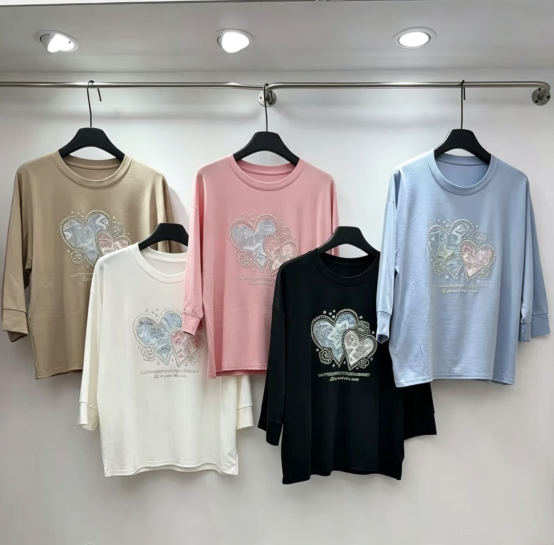 재고 있음 남자 바 면 7부 소매 티셔츠 무거운 작업 비즈 박기 핫픽스 수건 소매 맨위 여성 루즈핏 중간 소매 라운드 넥 유럽 상품 이미지 3